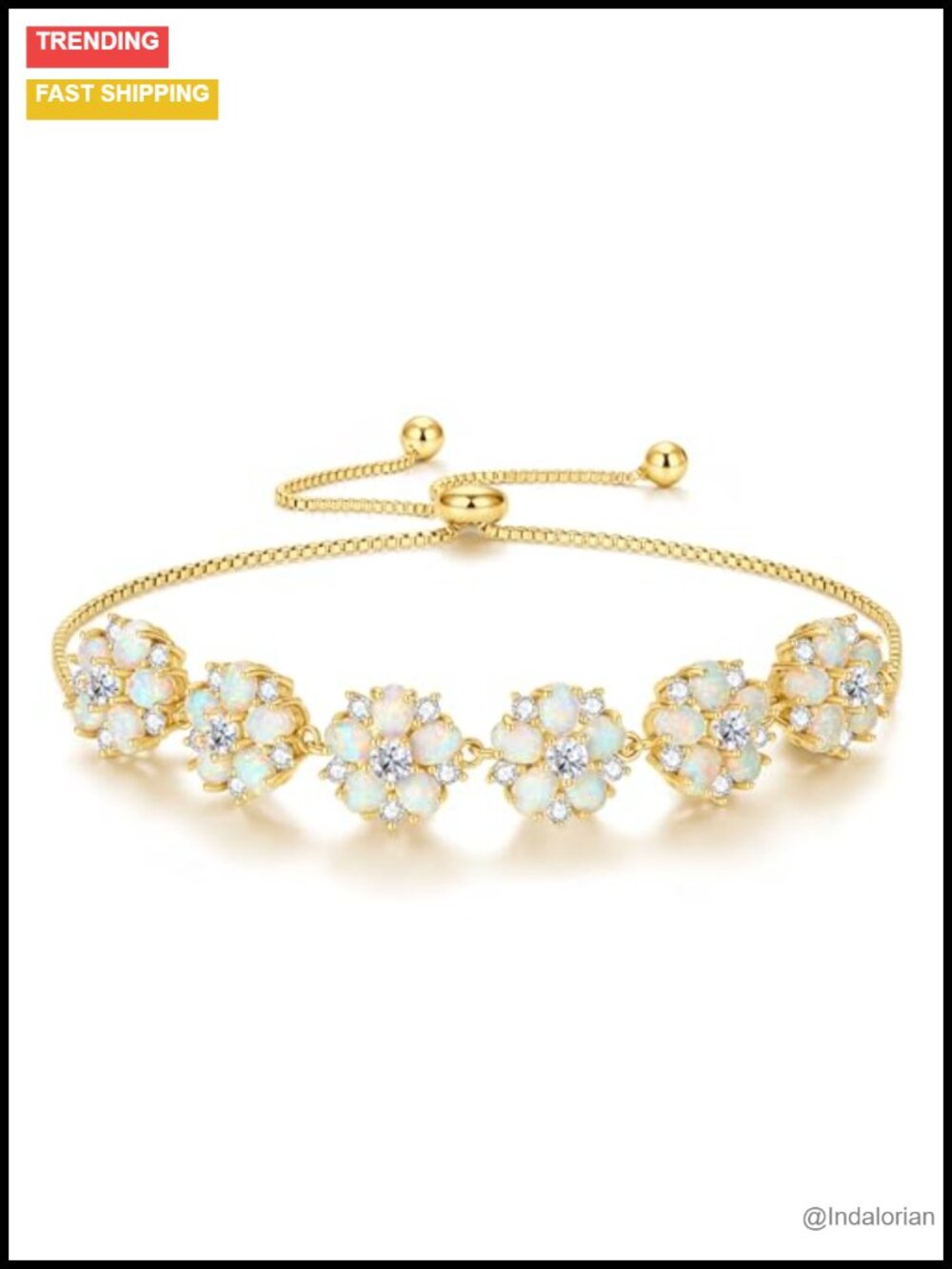 Dainty Flower Opal Tennis Bracelet 14k Yellow Gold Plated Adjustable